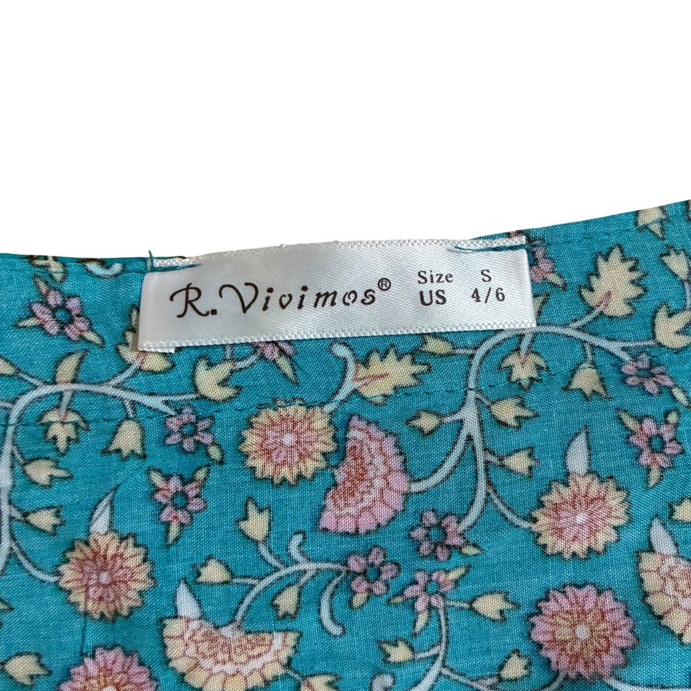 R. VIVIMOS BOHEMIAN FLORAL PRINT MAXI DRESS WOMEN’S SMALL BEACHY CASUAL RUFFLES - Picture 4 of 7